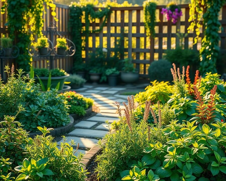 Detailed and vibrant herb garden layout, showcasing a harmonious arrangement of lush, verdant herbs in various hues. A well-designed raised bed in the foreground, with a mix of fragrant oregano, thyme, basil, and rosemary, bathed in warm, golden sunlight. In the middle ground, a winding stone path leads the eye through a serene, organized layout, with strategically placed planters and small garden ornaments. The background features a wooden fence or trellis, draped with cascading vines and flowers, creating a picturesque, natural backdrop. The overall scene exudes a sense of tranquility, inviting the viewer to imagine the sights, scents, and flavors of a thriving, well-tended herb garden.