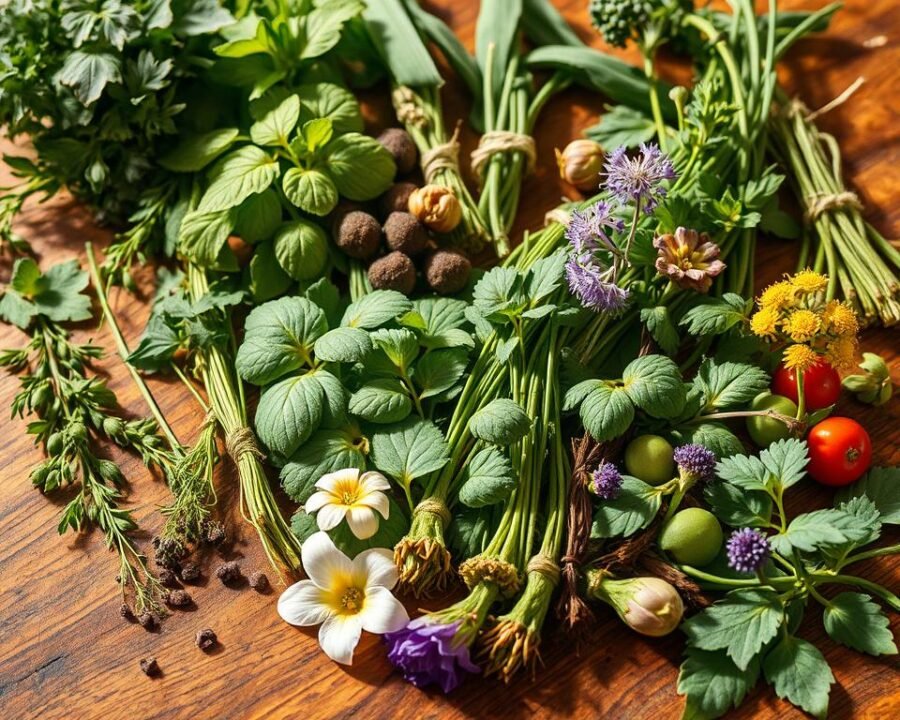 Detailed botanical illustration of a curated herb selection guide, showcasing various culinary and medicinal herbs arranged on a wooden table. Close-up view with warm, natural lighting, capturing the vibrant colors and textures of the leaves, stems, and flowers. Carefully composed layout highlighting the diversity and unique characteristics of each herb, with a sense of balance and harmony. Crisp, high-resolution rendering using a professional-grade camera lens, emphasizing the intricate details and the overall aesthetic appeal of the herb collection.