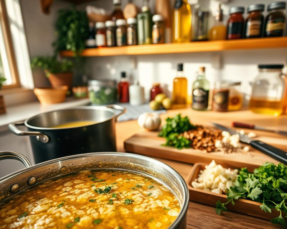 Detailed step-by-step preparation of a gourmet garlic herb sauce, shot in a bright, rustic kitchen. Foreground shows simmering pot with bubbling sauce, herbs and spices being added. Middle ground has chopping board with minced garlic, parsley, and other ingredients. Background features jars of olive oil, vinegar, and seasonings on shelves. Warm, natural lighting casts soft shadows, highlighting the textures and colors of the ingredients. Camera positioned at an angle to capture the entire sauce-making process in a visually engaging manner, showcasing the care and skill required for a delicious, homemade sauce.