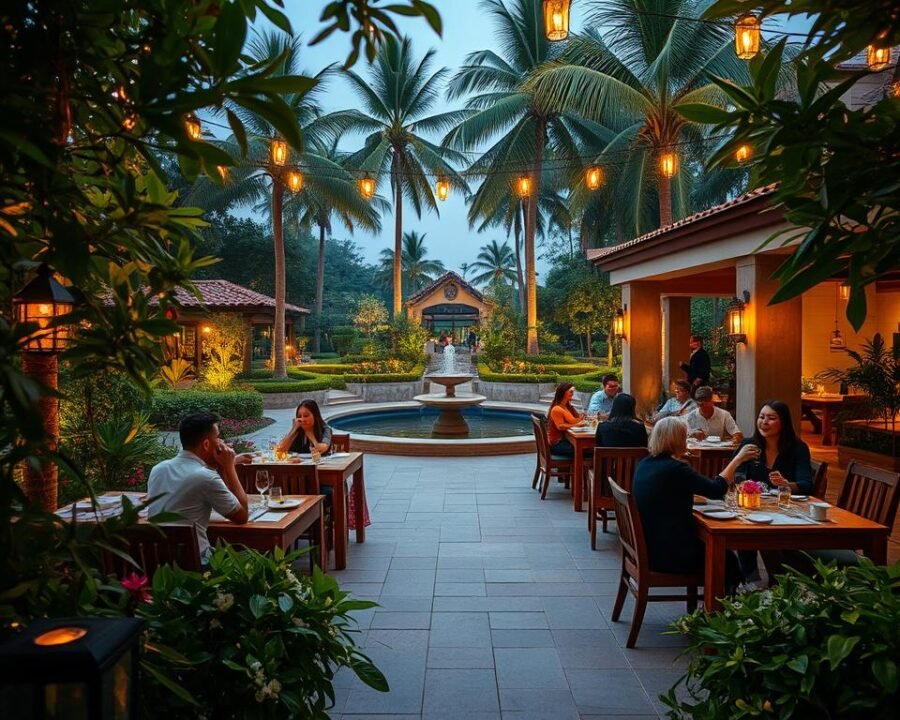 Dining experience at Mesita Garden City: A serene alfresco setting, with lush greenery framing an elegant stone patio. Wooden tables adorned with vibrant tablecloths and delicate floral centerpieces. Guests savor their meals under the warm glow of lanterns and string lights, creating a cozy, intimate ambiance. In the background, a tranquil water feature adds a soothing soundtrack, while the manicured gardens and towering palm trees evoke a sense of tropical paradise. The scene is captured with a wide-angle lens, showcasing the harmonious blend of natural and architectural elements that define the Mesita Garden City dining experience.