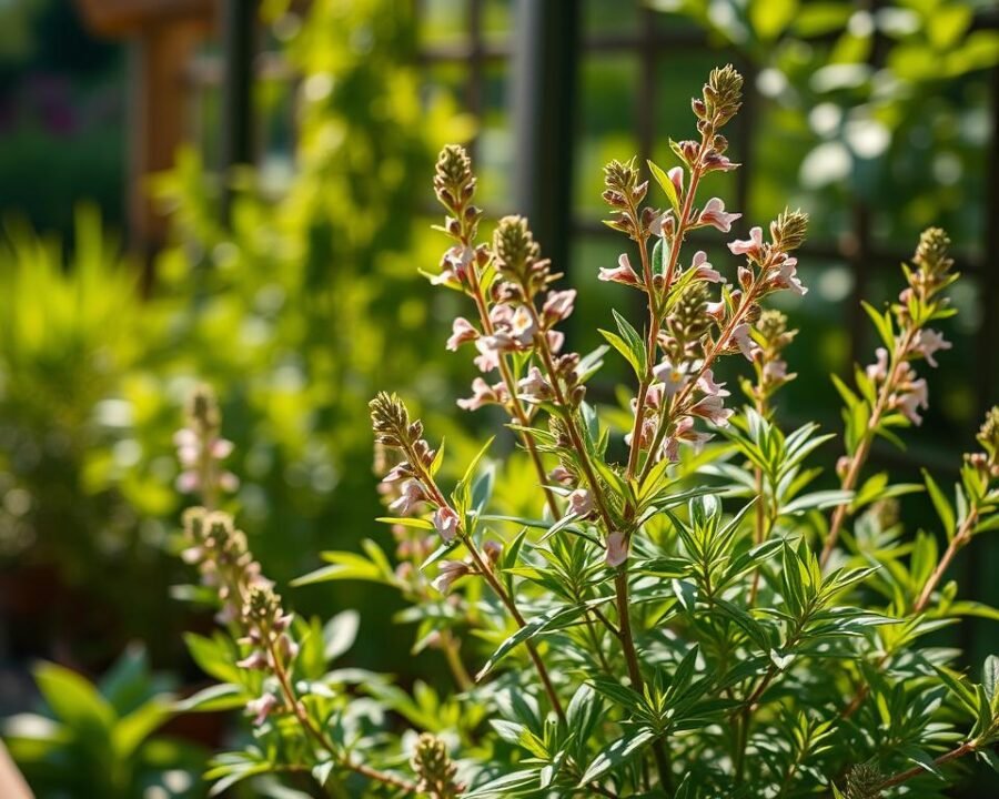 Established willow herb plant thriving in a lush, garden setting. Close-up view showcasing the plant's vibrant, green foliage and delicate pink flowers. Sunlight filters through the plant's leaves, casting a warm, natural glow. Blurred background of other verdant plants and a wooden garden trellis. Shallow depth of field, professional-grade lens, and realistic lighting to capture the plant's intricate details and texture. The overall mood is one of tranquility and flourishing growth, reflecting the care and attention required for a well-established willow herb specimen.