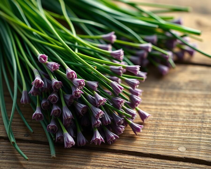Freshly harvested chives, their delicate green stems and vibrant purple-tinged flowers, arranged artfully on a rustic wooden surface. Soft, diffused natural lighting casts a warm, inviting glow, highlighting the herbs' subtle textures and vibrant hues. The composition is balanced, with the chives taking center stage, surrounded by a minimalist, uncluttered backdrop that allows their beauty to shine. The scene evokes a sense of simplicity, elegance, and the comforting aroma of the kitchen garden.