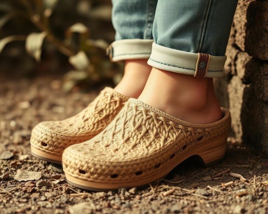 Generate an image of French Recycled Hemp Garden Clogs in Sepia
