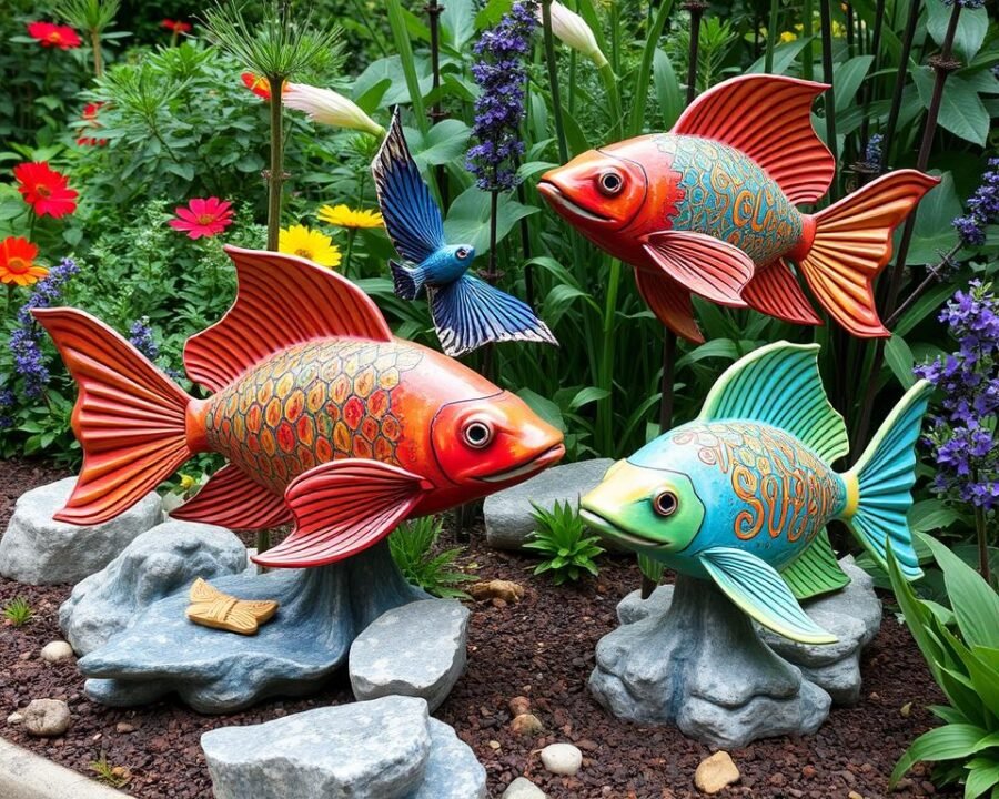 Generate an image of JJ Potts Ceramic Fish Garden Sculptures