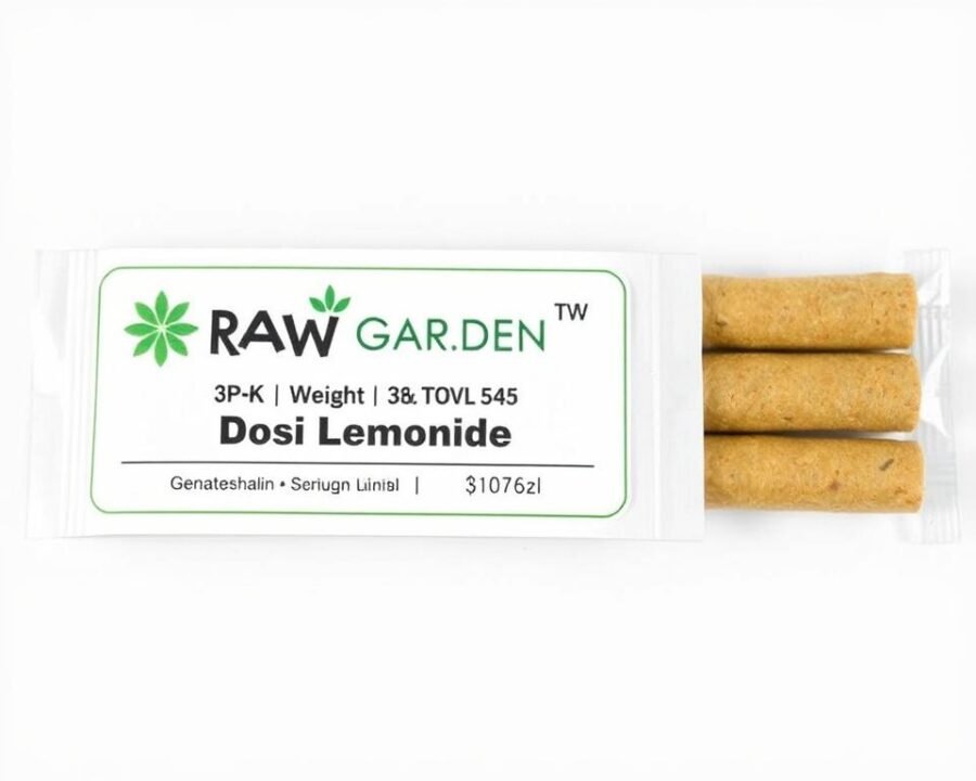Generate an image of Raw Garden3pk Dosi Lemonade Prerolls packaging with three prerolled joints and a label highlighting the strain and total weight.