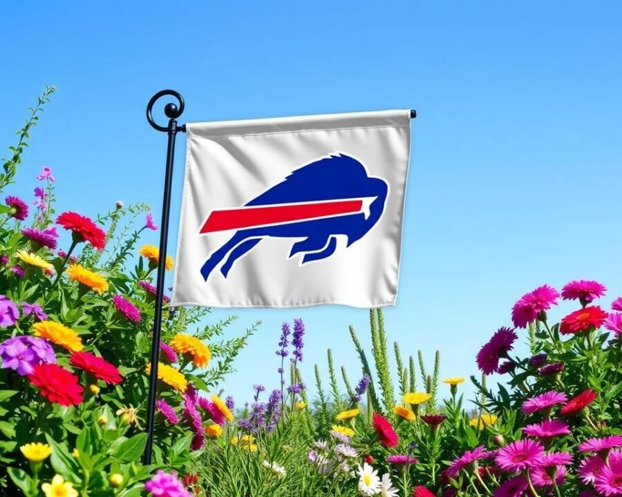 Generate an image of a Buffalo Bills garden flag waving in a garden.