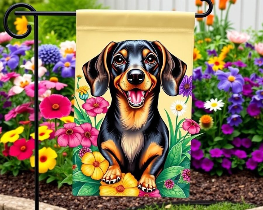 Generate an image of a Dachshund garden flag featuring a playful Dachshund.