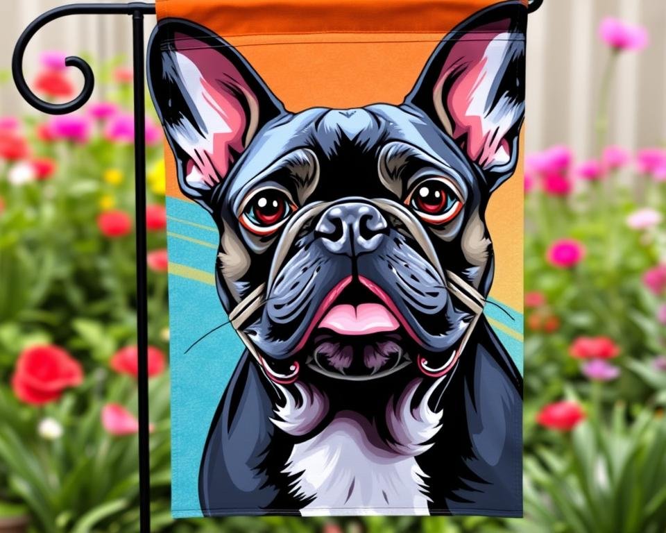 Generate an image of a French Bulldog garden flag with a realistic portrait of a French Bulldog.