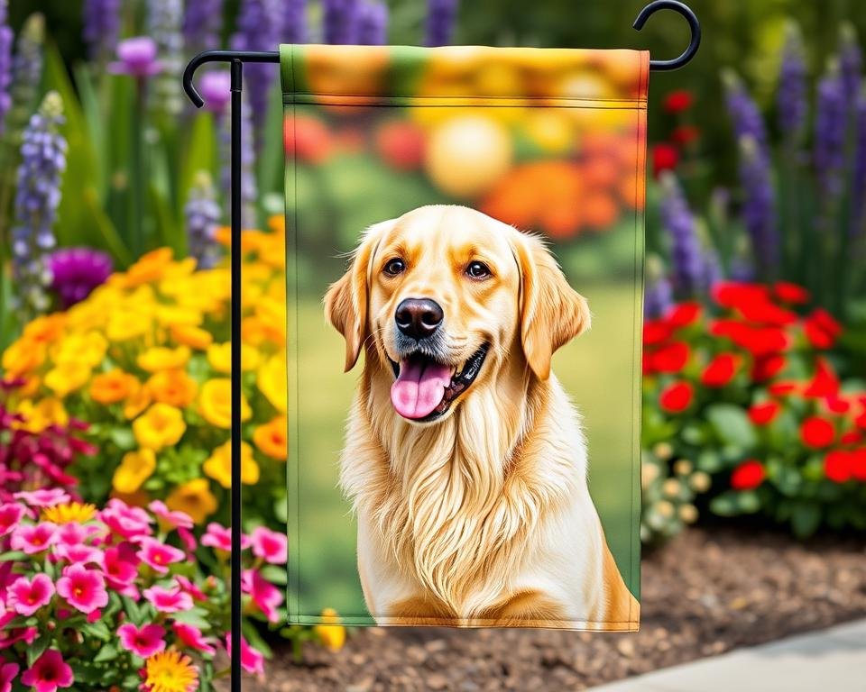 Generate an image of a Golden Retriever garden flag with a friendly Golden Retriever in the center.