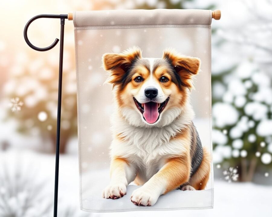 Generate an image of a "Snow Pup Dura Soft Garden Flag" featuring a dog playing in the snow.