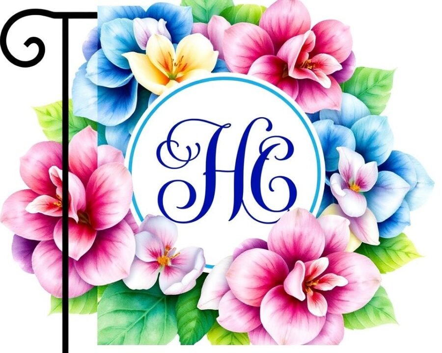 Generate an image of a Watercolor Hydrangea Monogram Garden Flag.