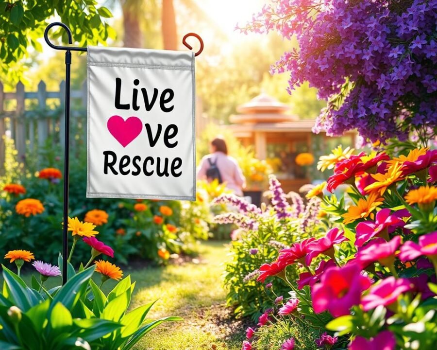 Generate an image of a beautiful garden with a "Live Love Rescue" garden flag waving gently in the breeze.