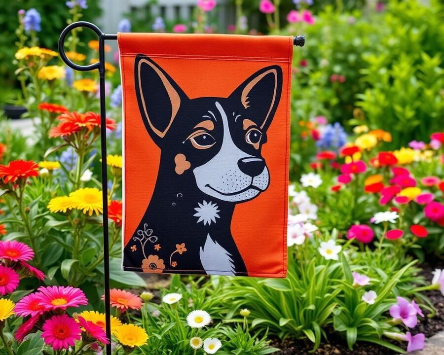 Generate an image of a beautiful garden with a personalized dog garden flag