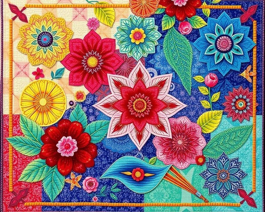 Generate an image of a beautiful quilt made using Benartex Garden Song fabric, showcasing its vibrant colors and intricate patterns.
