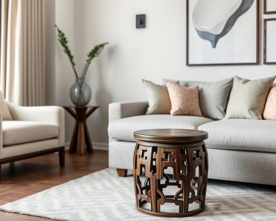 Generate an image of a beautifully crafted Asian garden stool used as a side table in a modern living room.
