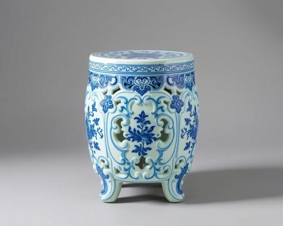 Generate an image of a beautifully designed Asian garden stool with blue and white porcelain detailing.