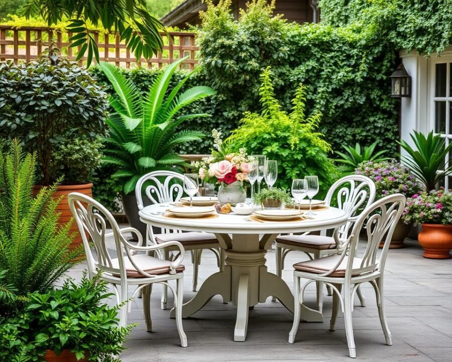 Generate an image of a beautifully set outdoor dining area with a Mayfair garden table