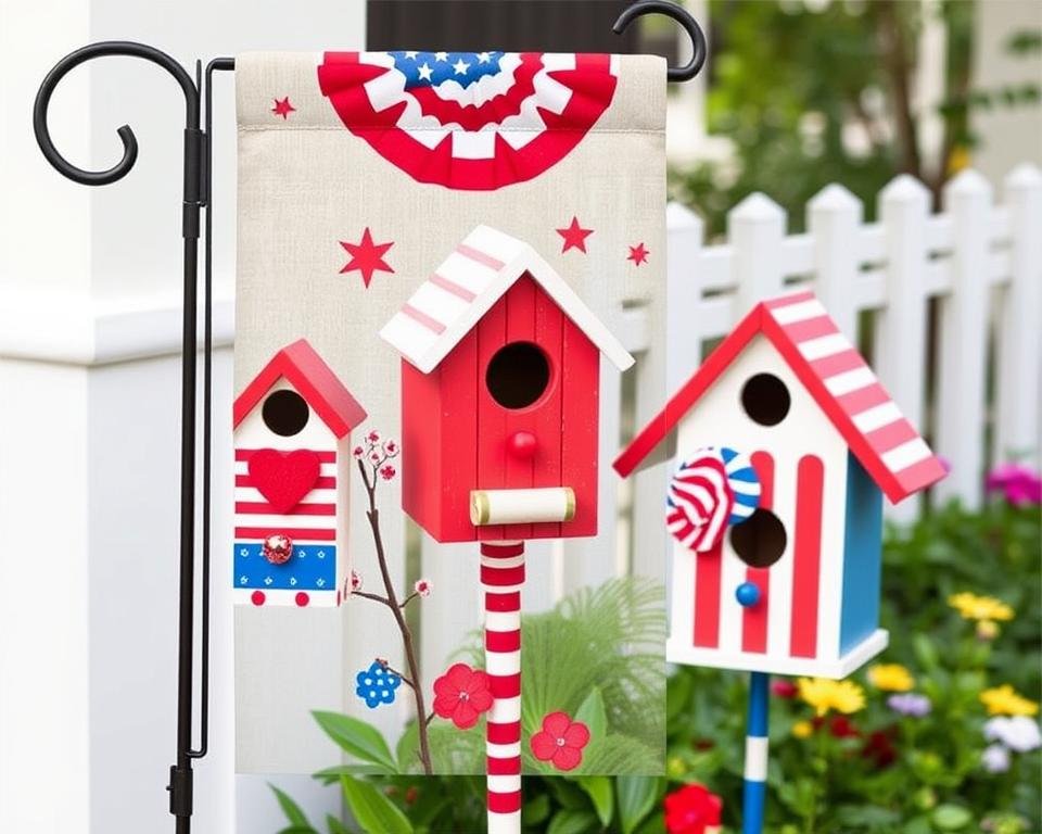 Generate an image of a charming garden flag featuring birdhouses painted in patriotic colors and patterns, adding a whimsical touch to your outdoor decor.