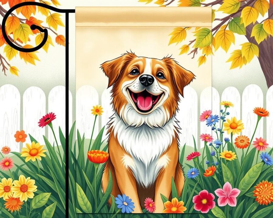 Generate an image of a colorful garden flag featuring a happy dog in a seasonal setting.