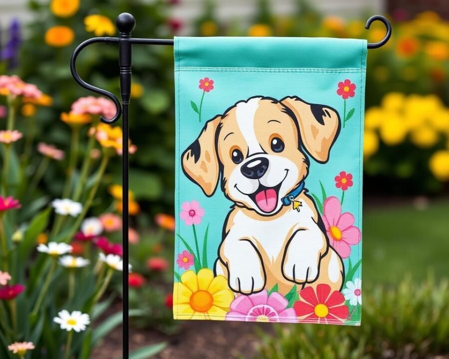 Generate an image of a colorful garden flag featuring a playful puppy design, suitable for spring season.