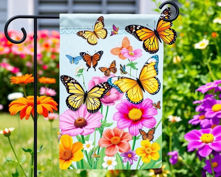 Generate an image of a colorful spring garden flag with butterflies and flowers.