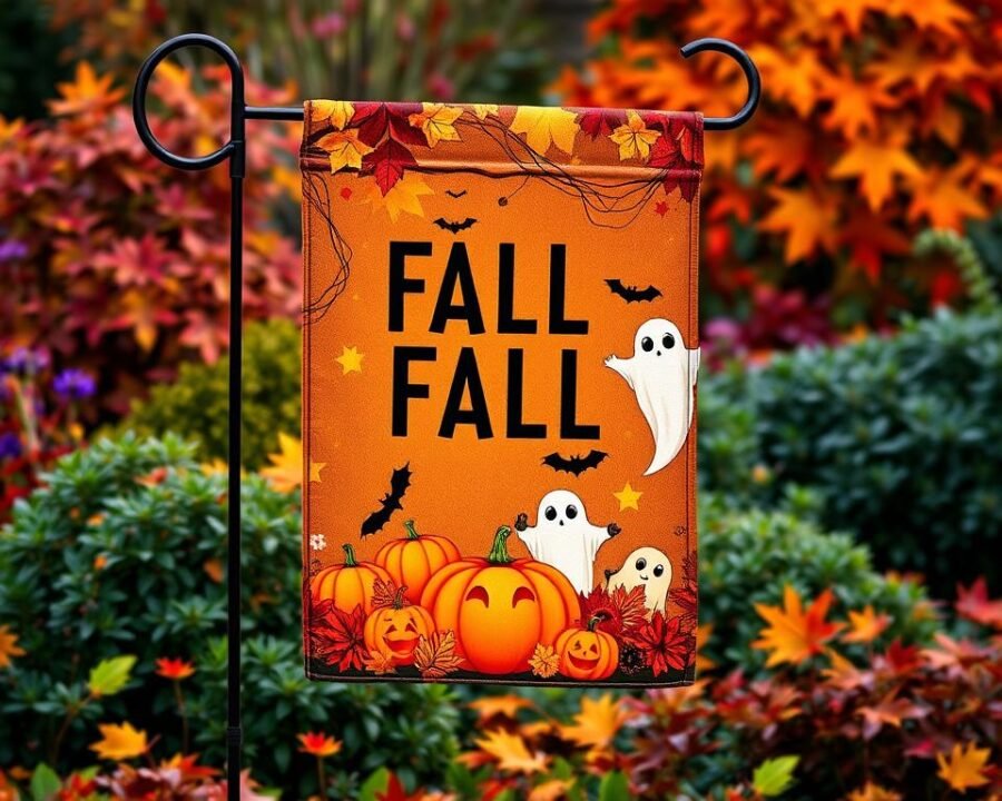 Generate an image of a fall garden flag with a Halloween theme.