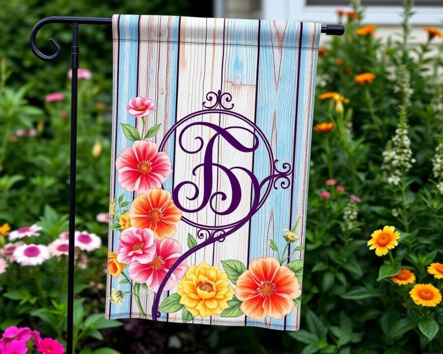 Generate an image of a flowery wooden panel monogram garden flag