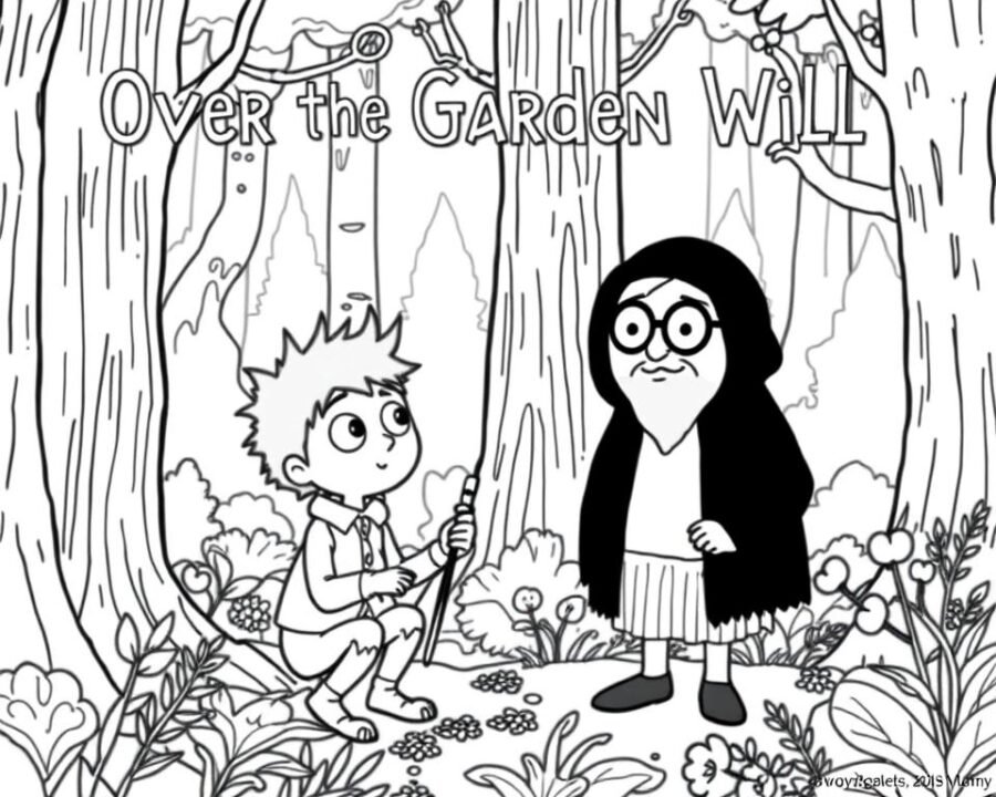 Generate an image of a free Over the Garden Wall printable coloring page featuring Wirt and Greg.