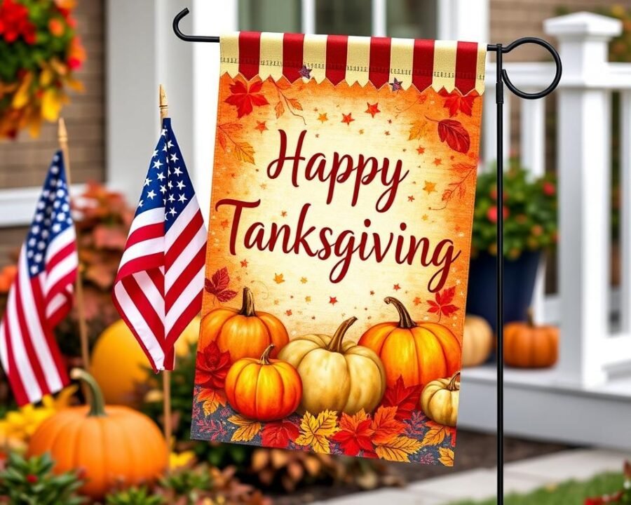 Generate an image of a garden flag celebrating American Thanksgiving, with patriotic elements and autumn colors.