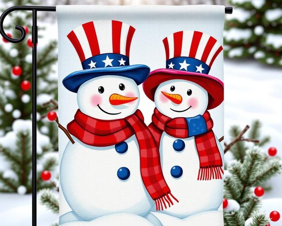 Generate an image of a garden flag featuring Mr. and Mrs. Patriotic Snowman, with snowmen wearing patriotic hats and scarves.