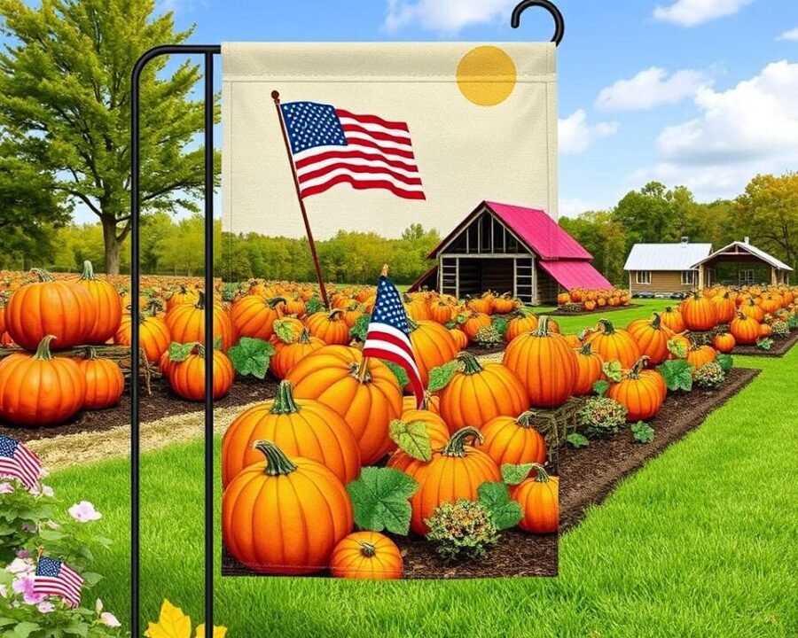 Generate an image of a garden flag featuring a patriotic pumpkin farm design, with autumn colors and American flags incorporated.