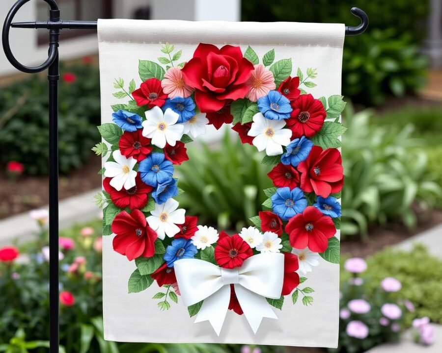 Generate an image of a garden flag featuring a patriotic wreath with red, white, and blue flowers and ribbons.