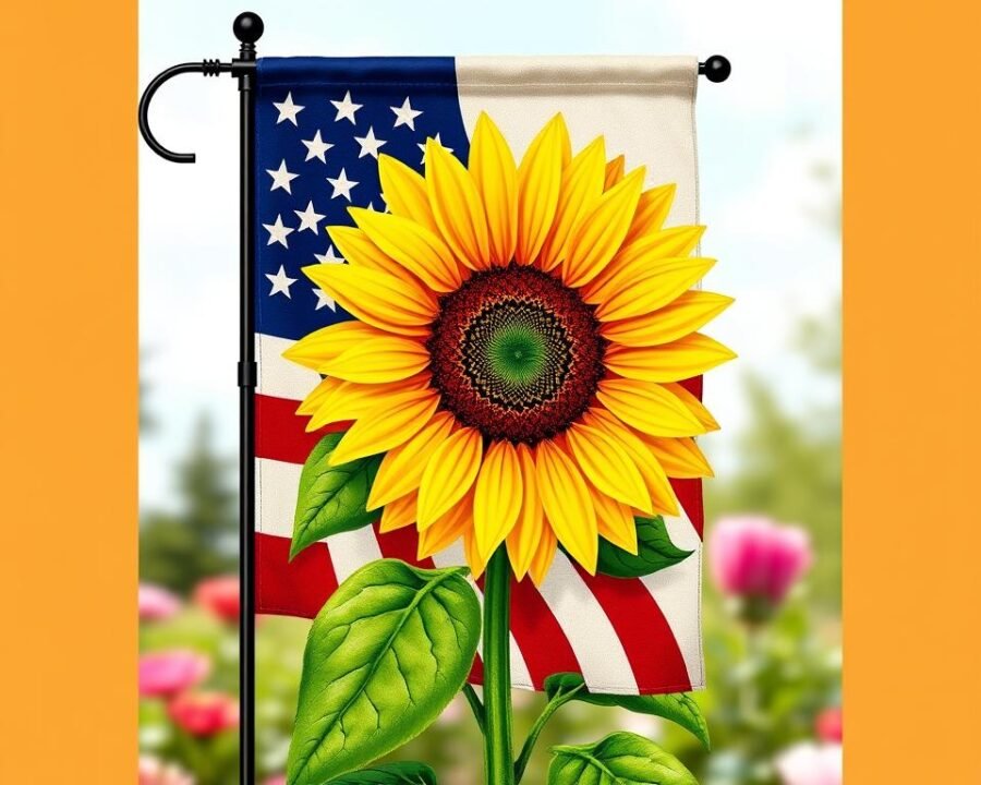 Generate an image of a garden flag showcasing a bright sunflower with the American flag integrated into the design, symbolizing warmth and patriotism.