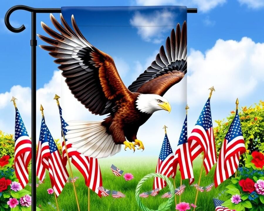 Generate an image of a garden flag with a majestic eagle in flight, surrounded by American flags and patriotic elements.