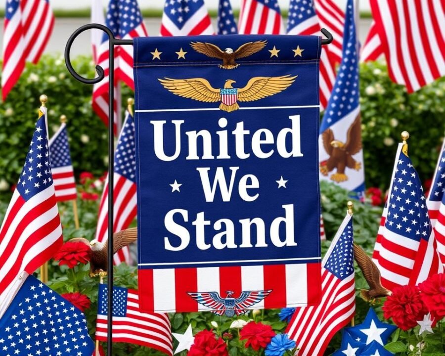 Generate an image of a garden flag with the phrase "United We Stand" surrounded by American flags and patriotic symbols.