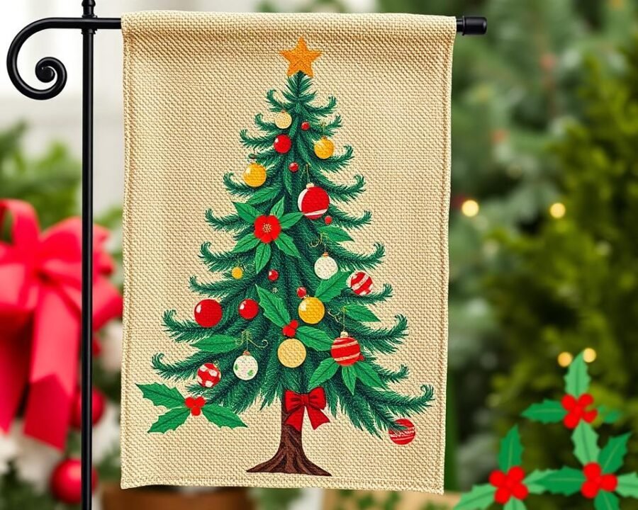 Generate an image of a lustre Christmas garden flag featuring a Christmas tree design and a burlap flag with a festive holly pattern.