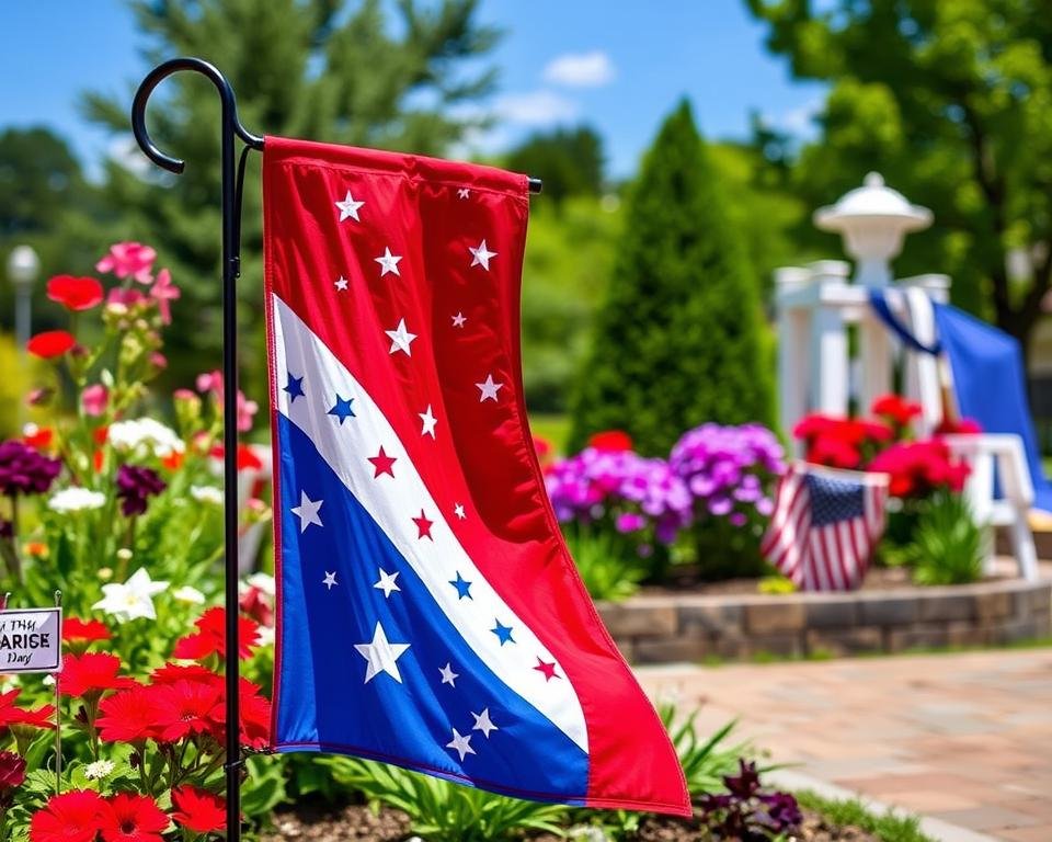 Generate an image of a patriotic garden flag for Independence Day.