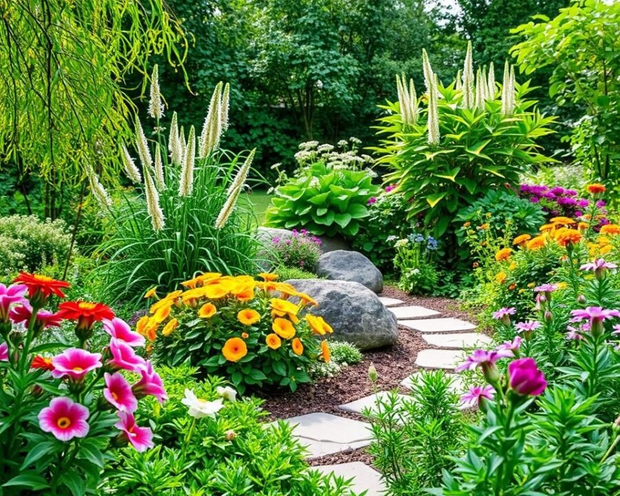 Generate an image of a serene garden landscape inspired by Time Life gardening principles.