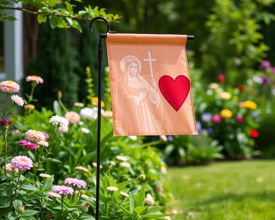 Generate an image of a serene garden with a Sacred Heart garden flag waving gently in the breeze.