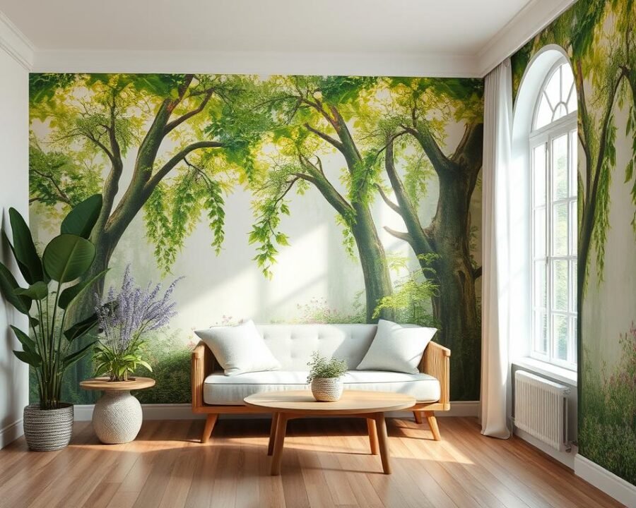 Generate an image of a serene room with Garden of Eden wallpaper