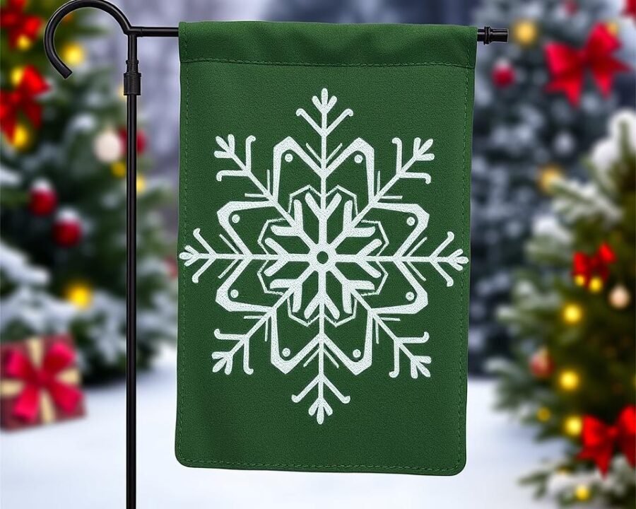 Generate an image of a suede Christmas garden flag with a snowflake pattern.