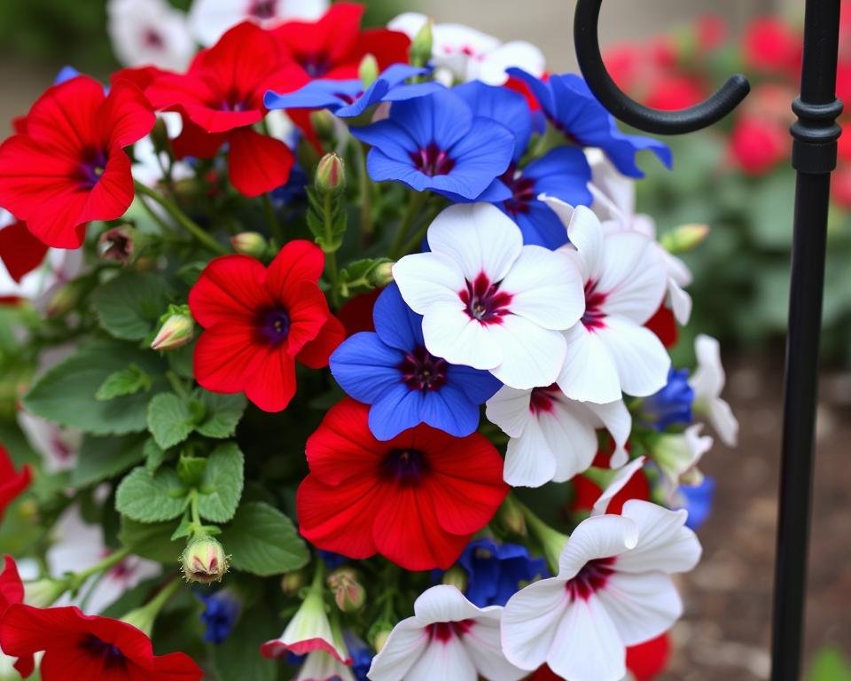 Generate an image of a vibrant garden flag featuring a bouquet of flowers in red, white, and blue, symbolizing American patriotism.