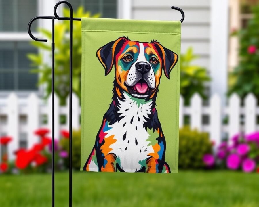 Generate an image of a vibrant, personalized dog garden flag with a beautiful design, showcasing its durability and visibility.