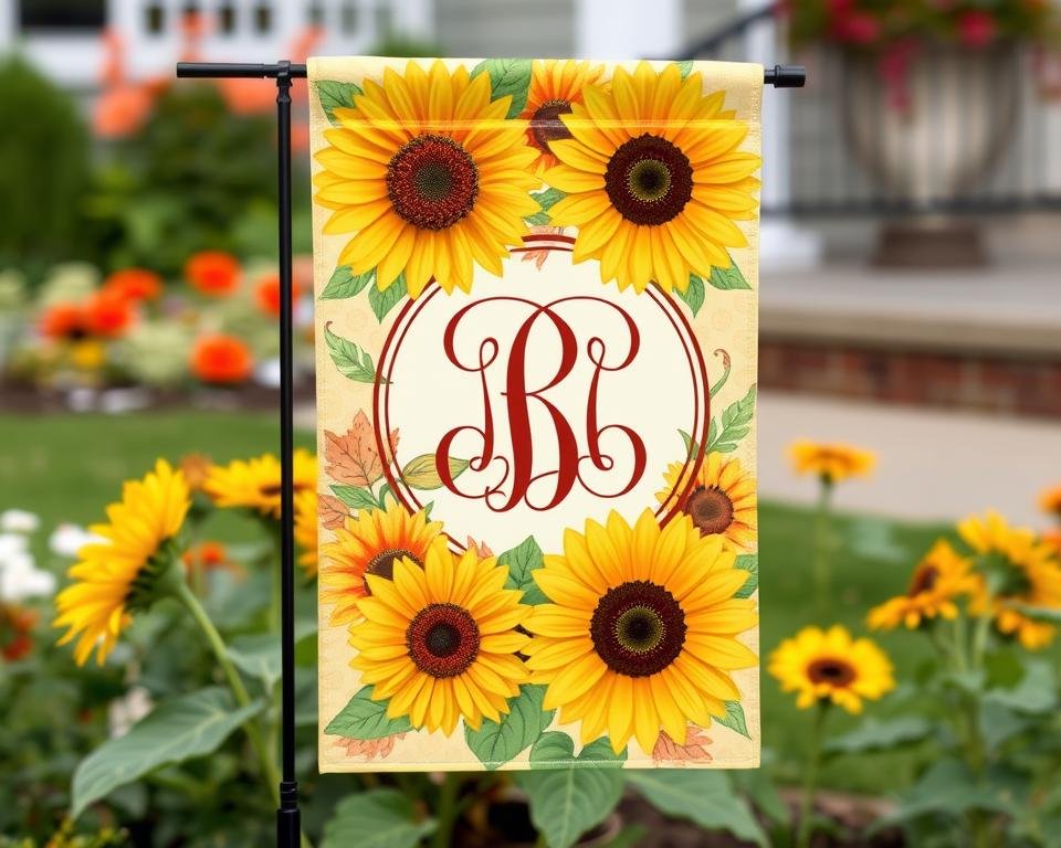 Generate an image of an Autumn Sunflowers Monogram Garden Flag.