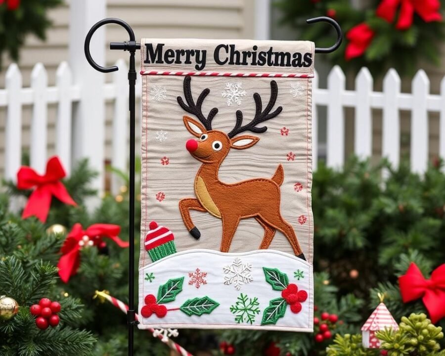 Generate an image of an applique Christmas garden flag featuring a reindeer design.