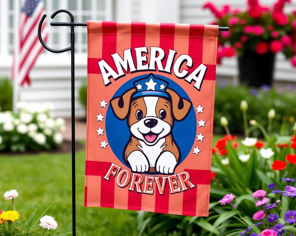 Generate an image of the America Forever Puppy Garden Flag.