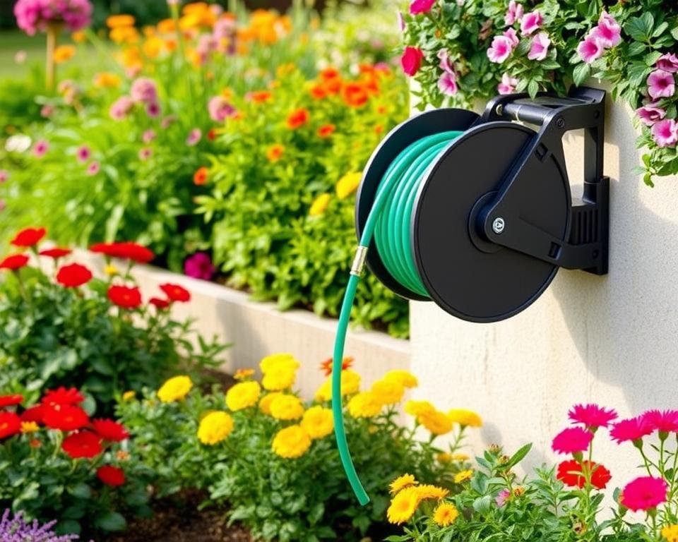 Generate an image of the Macnaught Retracta RP50 garden hose reel mounted on a wall in a garden setting.