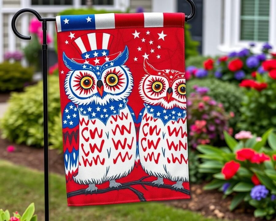 Generate an image of the Patriotic Owls Duo Garden Flag.