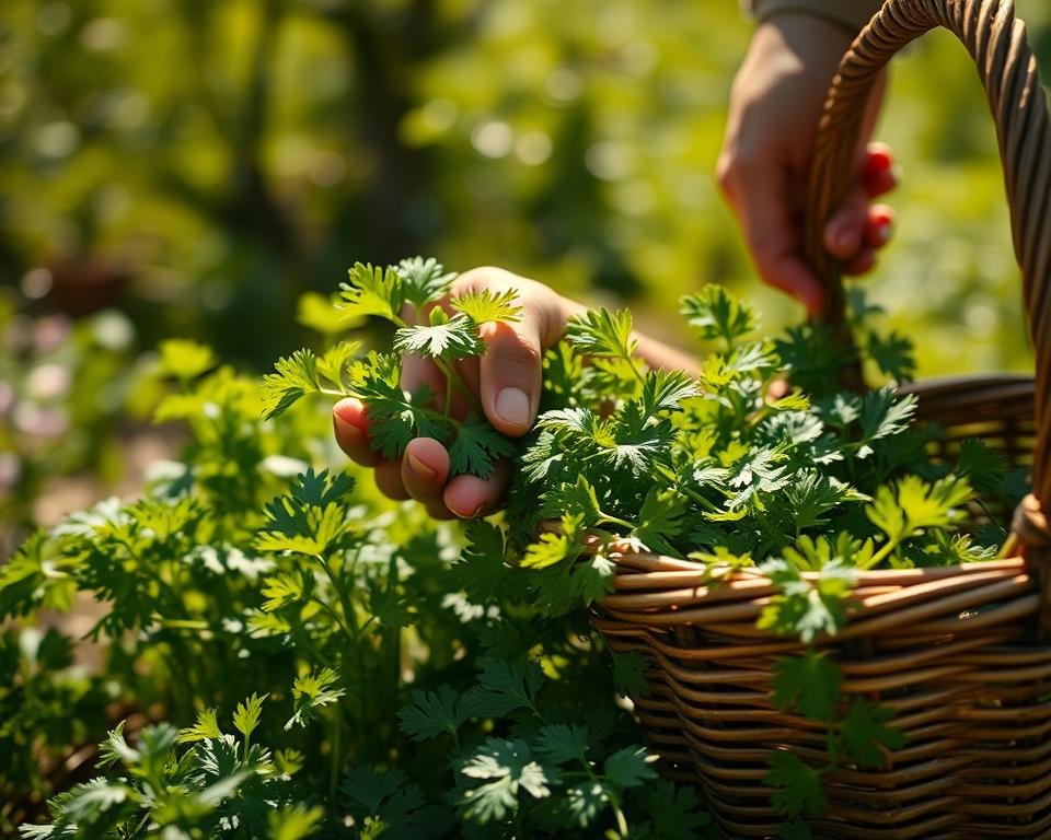 Harvesting fresh parsley leaves in a sun-dappled garden. Close-up view of weathered hands gently plucking vibrant green sprigs, their fragrant aroma filling the air. A woven basket rests nearby, ready to collect the bountiful harvest. Soft natural light illuminates the scene, casting delicate shadows across the lush foliage. The background blurs into a hazy, verdant landscape, highlighting the delicate beauty of the parsley leaves. A sense of tranquility and connection to the natural world pervades the moment, inviting the viewer to experience the simple pleasure of tending to a thriving herb garden.