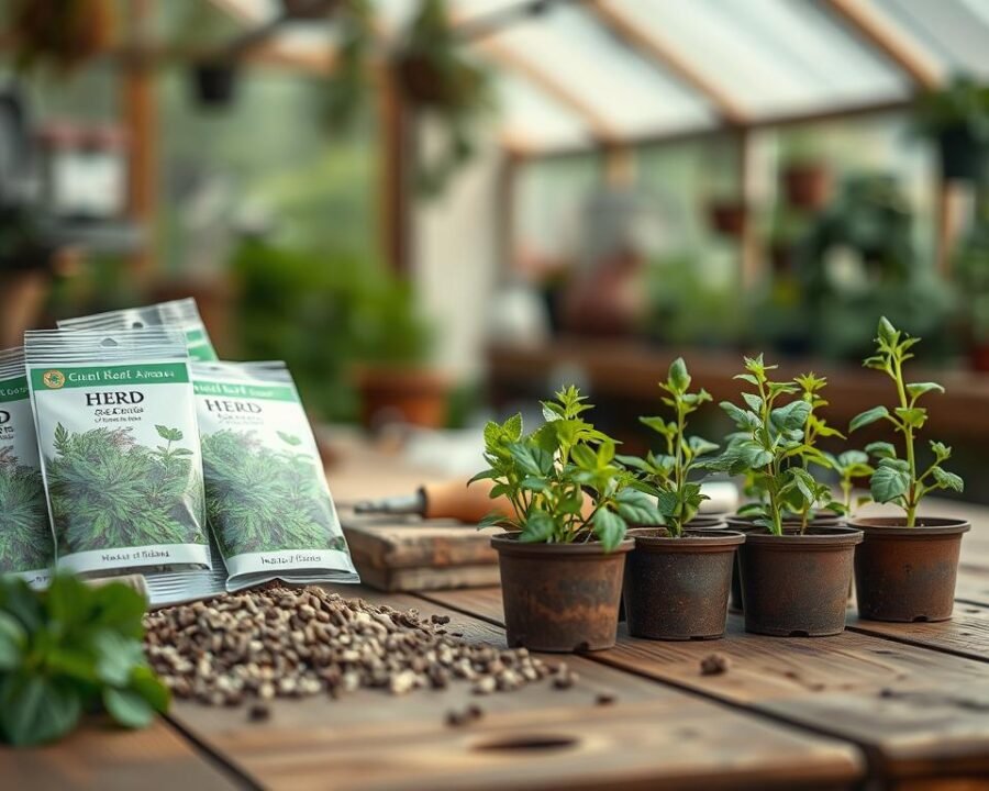 High-quality, detailed image of herb seeds and starter plants against a soft, natural background. The foreground features a variety of herb seeds in different packaging and sizes, as well as several healthy, thriving herb seedlings in small pots. The middle ground showcases a rustic wooden table or surface, with a few gardening tools and accessories. The background is a blurred, out-of-focus natural setting, perhaps with a glimpse of a greenhouse or garden. The lighting is soft and diffused, creating a warm, inviting atmosphere. The overall composition is balanced and visually appealing, reflecting the subject of planting herbs from seeds versus starter plants.